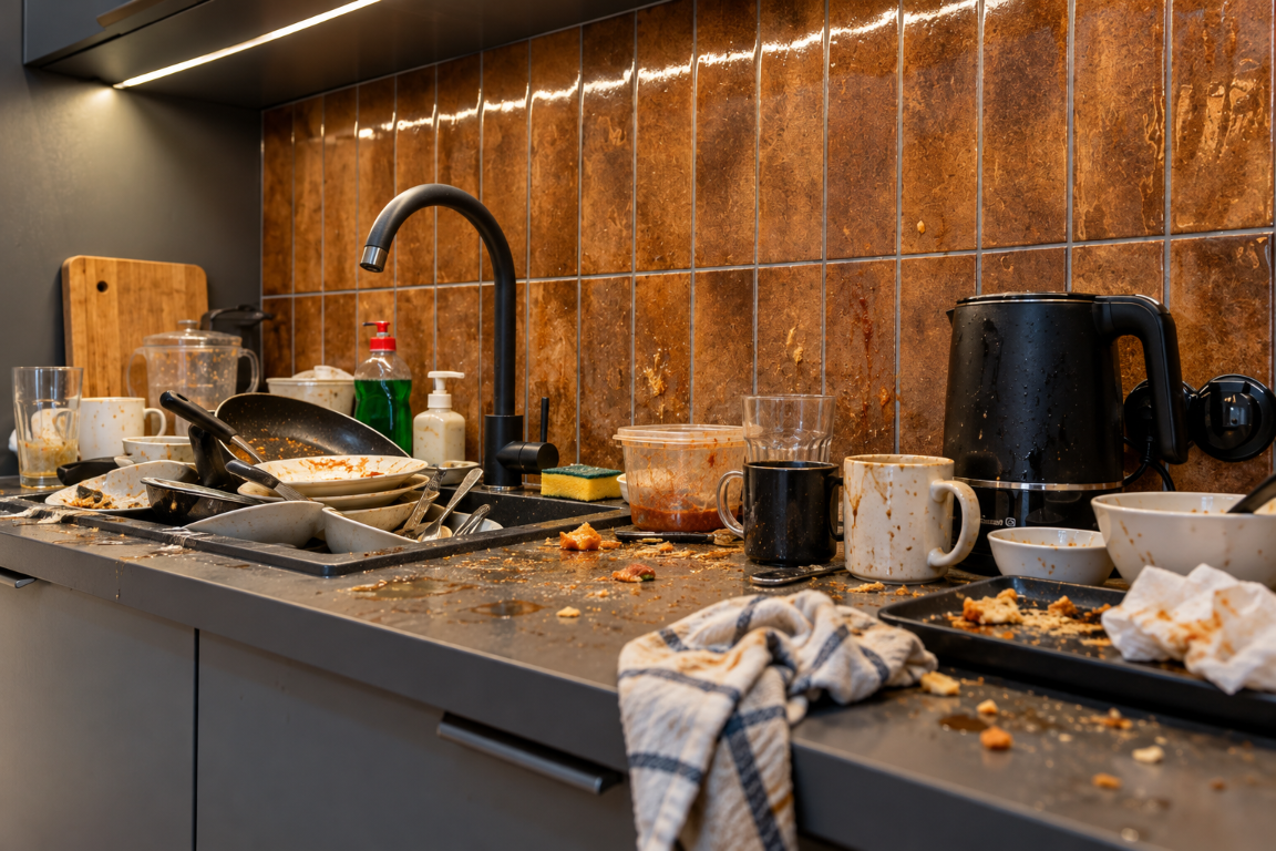 A kitchen counter covered with dirty dishes, food, and crumbs before cleaning