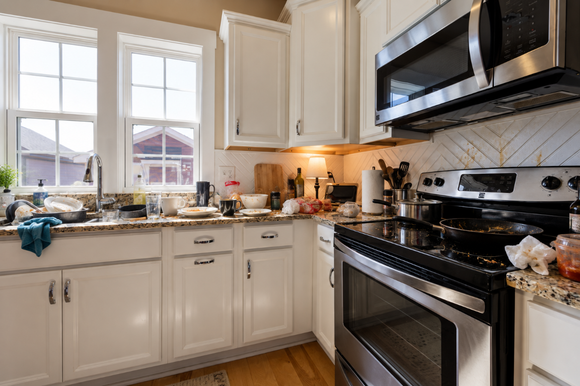 A messy kitchen with used dishes, spills, and crumbs before deep cleaning