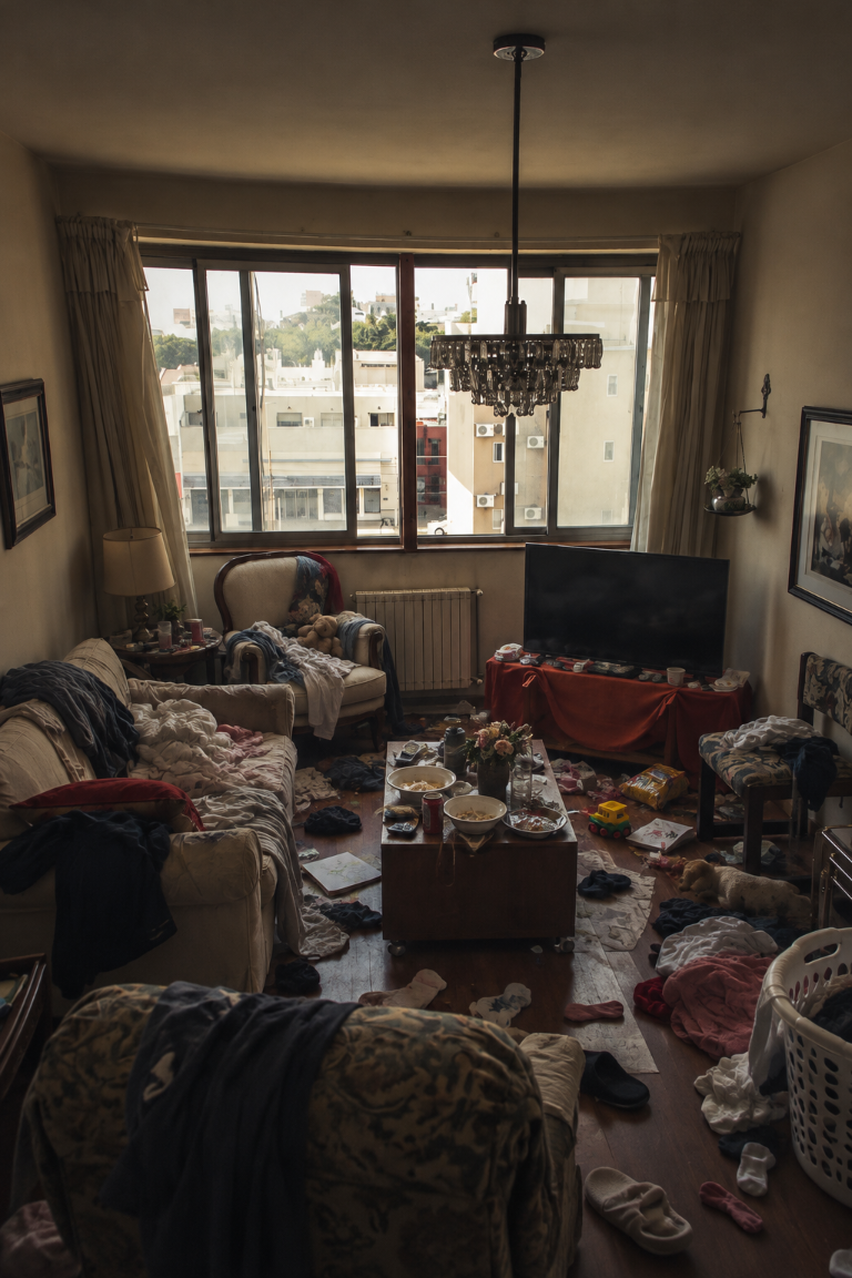A cluttered, dim living room before cleaning