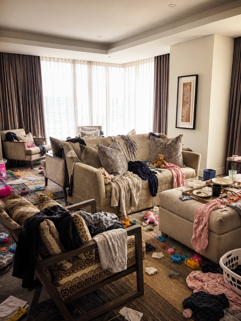 The living room in its messy before-cleaning state